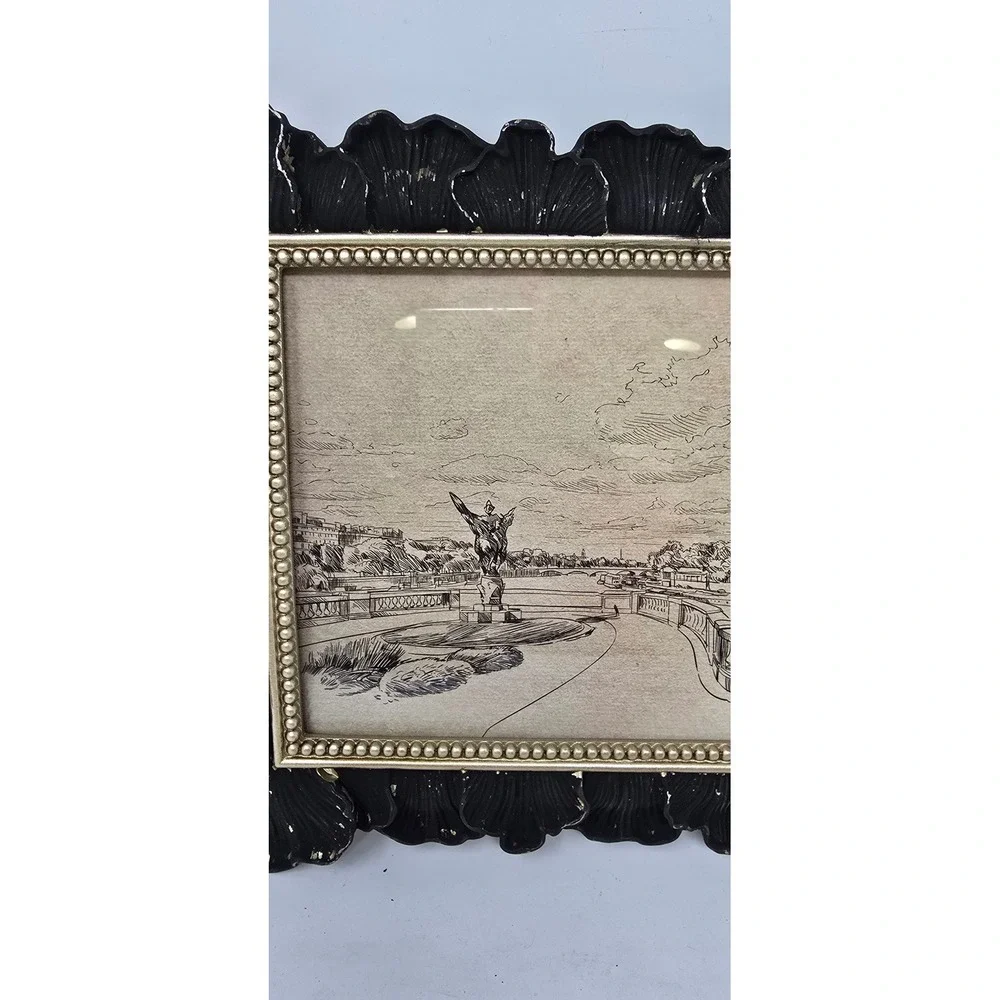 Paris Eiffel Tower ink sketch framed art black gold ornate scalloped frame